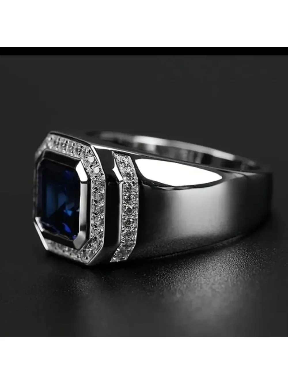 Stainless Steel Blue Gemstone Crystal Ring Men's